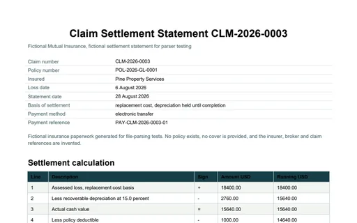 Preview of Pine Property Services: Claim settlement statement