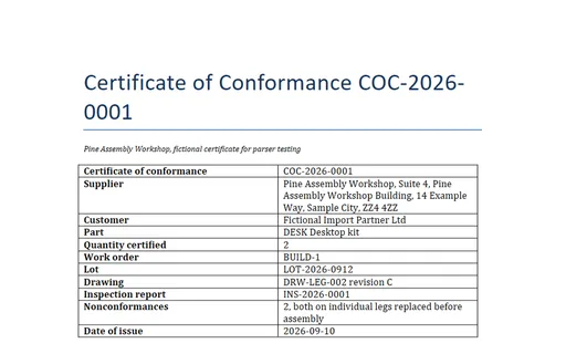 Preview of Pine Assembly Workshop: Certificate of conformance (DOCX)