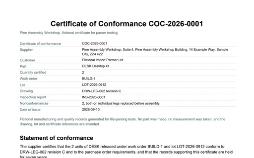 Preview of Pine Assembly Workshop: Certificate of conformance (PDF)