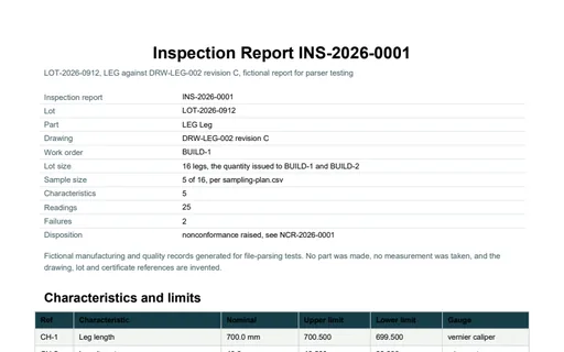 Preview of Pine Assembly Workshop: Inspection report with measured tolerances