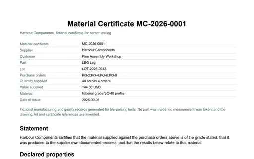 Preview of Harbour Components: Material certificate