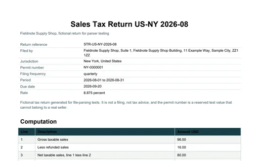 Preview of Fieldnote Supply Shop: Sales tax return for New York