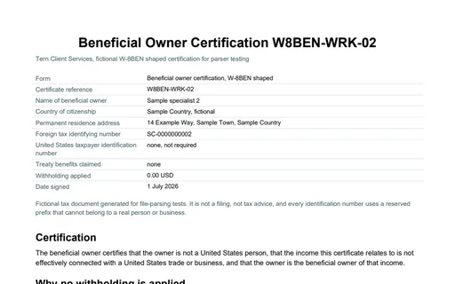 Preview of W-8BEN shaped owner certification (PDF): Tern Client Services