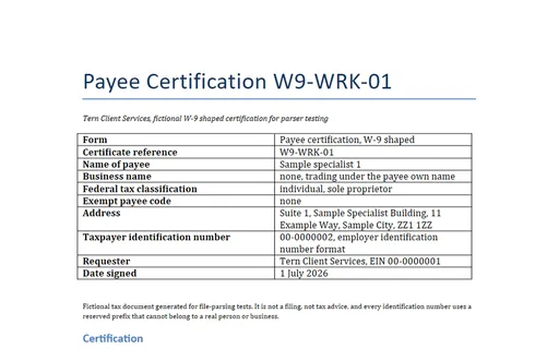 Preview of Tern Client Services: Payee certification, W-9 shaped (DOCX)