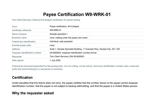Preview of Tern Client Services: Payee certification, W-9 shaped (PDF)