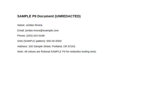 Preview of Redaction: SAMPLE PII Unredacted (PDF)