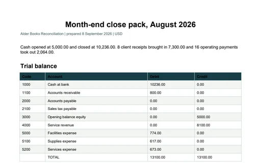 Preview of Alder Books Reconciliation: Month-end close pack PDF