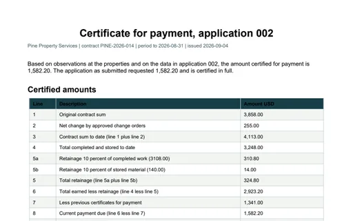 Preview of Pine Property Services: Certificate for payment PDF