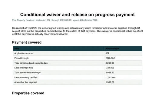 Preview of Pine Property Services: Conditional lien waiver PDF