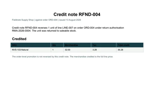 Preview of Fieldnote Supply Shop: Credit note PDF