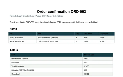 Preview of Fieldnote Supply Shop: Order confirmation PDF