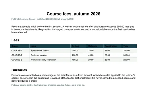 Preview of Fieldnote Learning Centre: Course fee schedule PDF