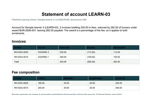 Preview of Fieldnote Learning Centre: Learner statement of account PDF