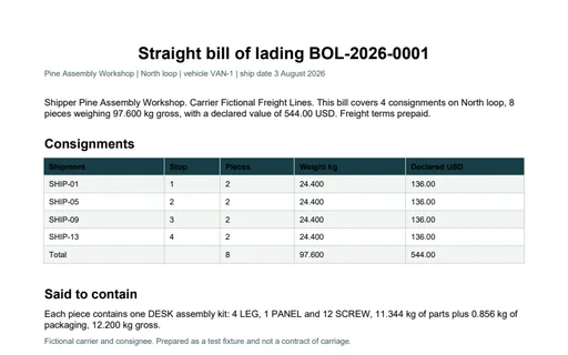 Preview of Pine Assembly Workshop: Bill of lading BOL-2026-0001 PDF