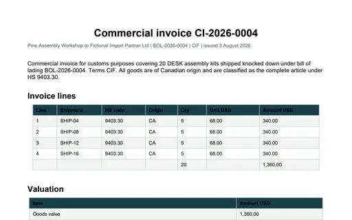 Preview of Pine Assembly Workshop: Customs commercial invoice PDF