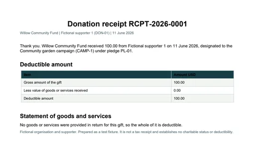 Preview of Willow Community Fund: Donation receipt PDF, pure gift
