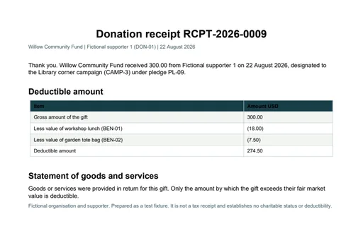 Preview of Willow Community Fund: Donation receipt PDF, quid pro quo gift