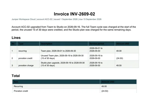 Preview of Juniper Workspace Cloud: Mid-cycle upgrade invoice PDF