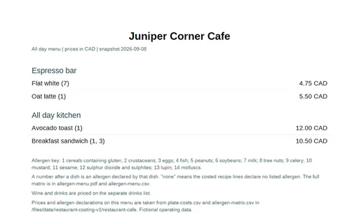Preview of Juniper Corner Cafe: Printed menu