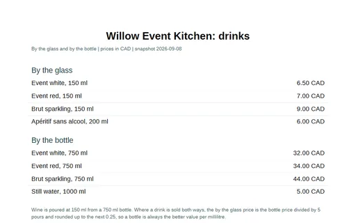 Preview of Willow Event Kitchen: Drinks list