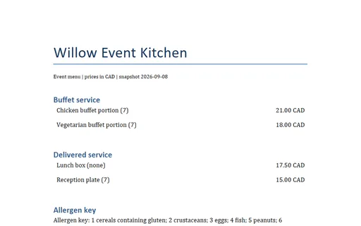 Preview of Willow Event Kitchen: Printed menu as a Word document