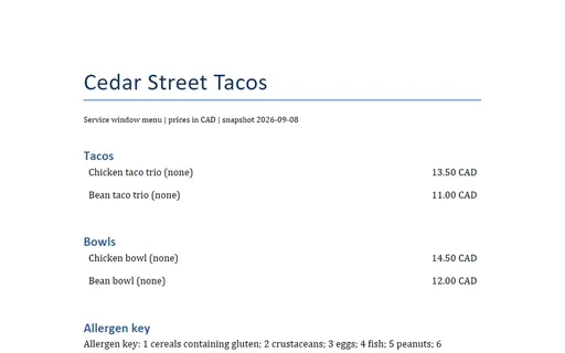 Preview of Cedar Street Tacos: Printed menu as a Word document