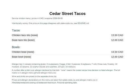 Preview of Cedar Street Tacos: Printed menu with a price the costing denies