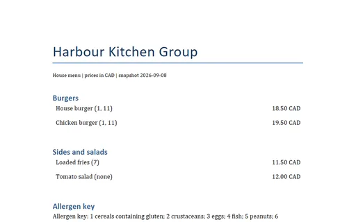 Preview of Harbour Kitchen Group: Printed menu as a Word document