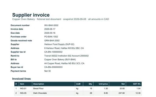 Preview of Copper Oven Bakery: Supplier invoice PDF reusing an invoice number