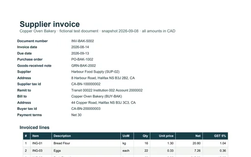 Preview of Copper Oven Bakery: Supplier invoice PDF