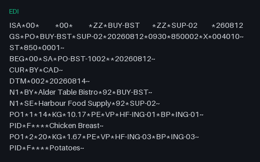 Preview of Alder Table Bistro: ANSI X12 850 purchase order
