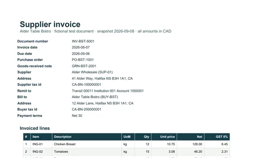 Preview of Alder Table Bistro: Factur-X hybrid invoice PDF