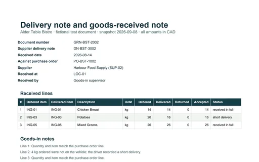 Preview of Alder Table Bistro: Delivery note and goods-received note PDF