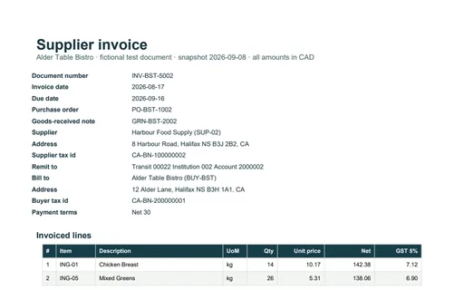 Preview of Alder Table Bistro: Supplier invoice PDF reusing an invoice number