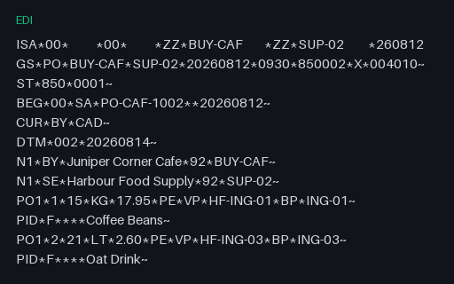 Preview of Juniper Corner Cafe: ANSI X12 850 purchase order