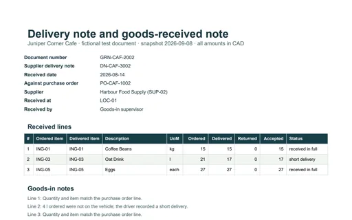 Preview of Juniper Corner Cafe: Delivery note and goods-received note PDF