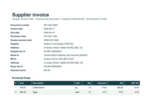 Preview of Juniper Corner Cafe: Supplier invoice PDF reusing an invoice number