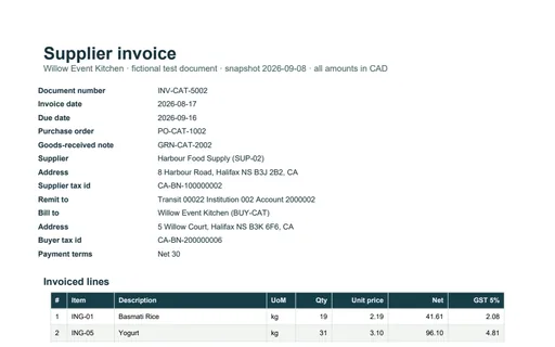 Preview of Willow Event Kitchen: Supplier invoice PDF reusing an invoice number