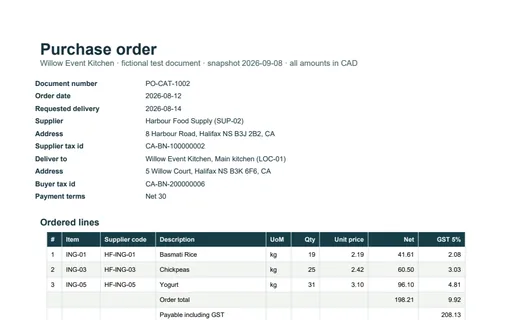 Preview of Willow Event Kitchen: Purchase order PDF