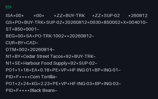 Preview of Cedar Street Tacos: ANSI X12 850 purchase order