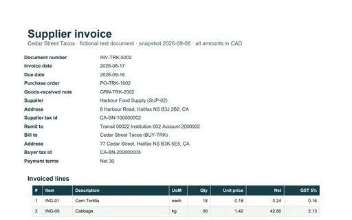 Preview of Cedar Street Tacos: Supplier invoice PDF reusing an invoice number