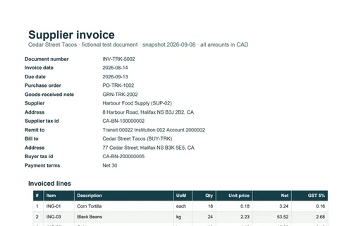 Preview of Cedar Street Tacos: Supplier invoice PDF