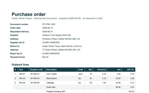 Preview of Cedar Street Tacos: Purchase order PDF