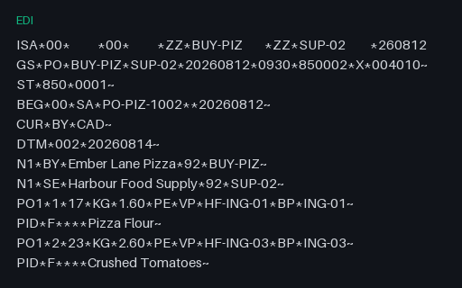 Preview of Ember Lane Pizza: ANSI X12 850 purchase order