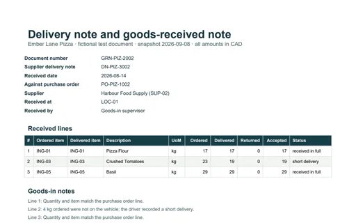 Preview of Ember Lane Pizza: Delivery note and goods-received note PDF