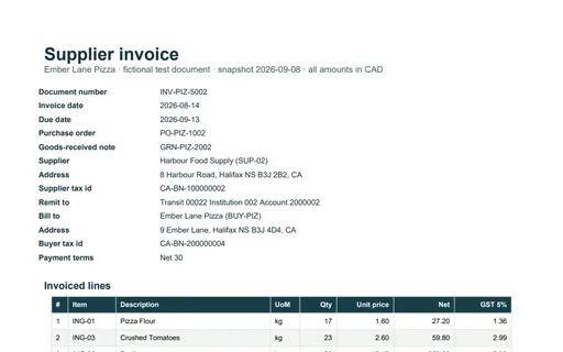 Preview of Ember Lane Pizza: Supplier invoice PDF
