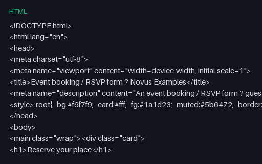 Preview of Event Booking / RSVP Form (HTML)