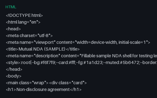 Preview of NDA Fillable Form (HTML)