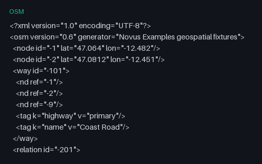 Preview of OSM XML, Intentionally Invalid: Way and Relation With Dangling References