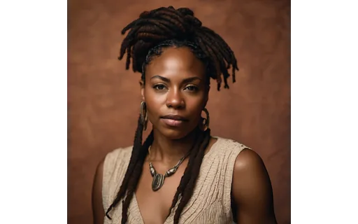 Head and shoulders portrait of a black woman with locs, plain terracotta studio background